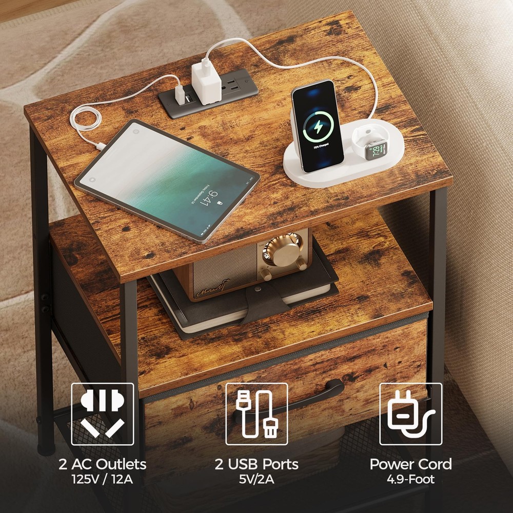 Night Stand Set 2, End Table with Charging Station, LED Bedside Table with Fa...