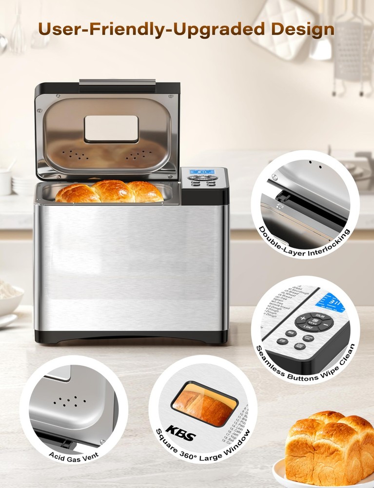 KBS 19-in-1 Programmable Bread Maker, 2LB Bread Machine with Healthy Ceramic Pan