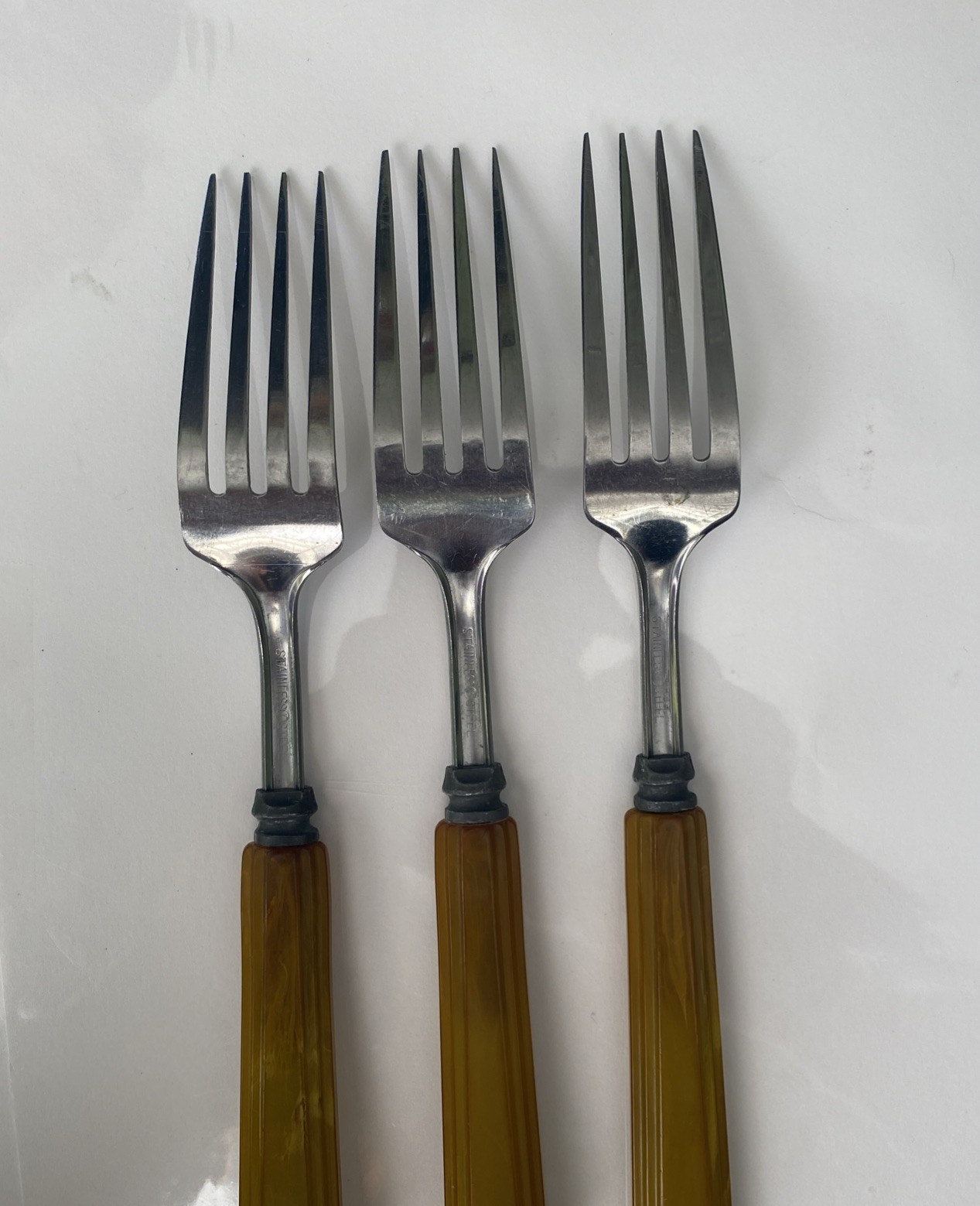 HTF Vintage Bakelite FORKS Flatware Utensils 3 Pc. Butterscotch Stainless Steel