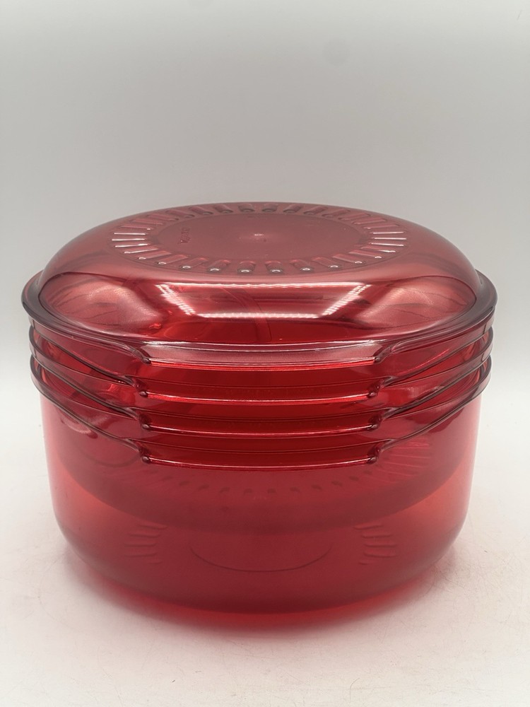 Tupperware Microwave Stack Cooker Steamer Transparent Cranberry Red 5 Piece Set