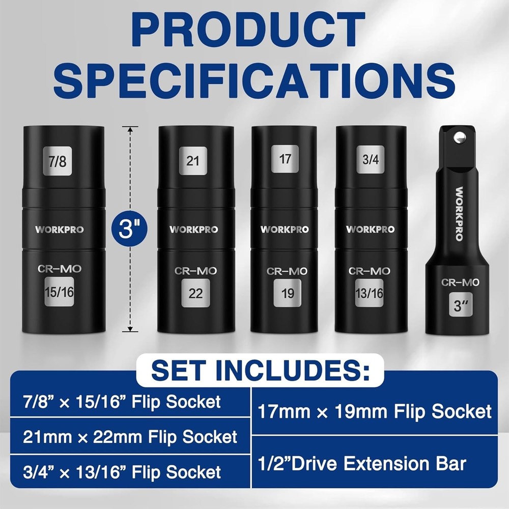 Durable Chrome Molybdenum 5PCS Impact Socket Set with 3" Extension Bar & Case