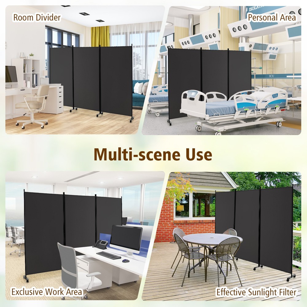 3-Panel Folding Room Divider 6' Rolling Privacy Screen w/Lockable Wheels Grey