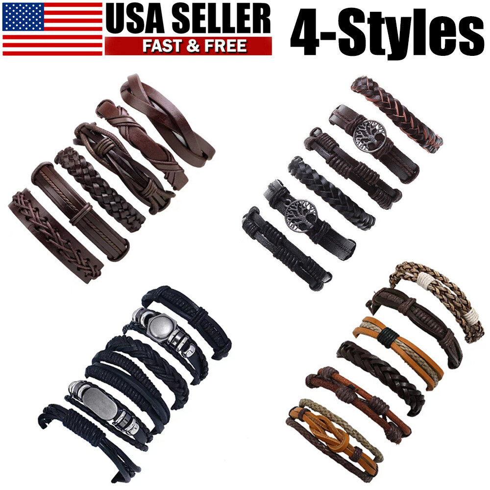 6/12PCS Men Women Braided Leather Rope Bracelet Set Wristband Bangle Tribal