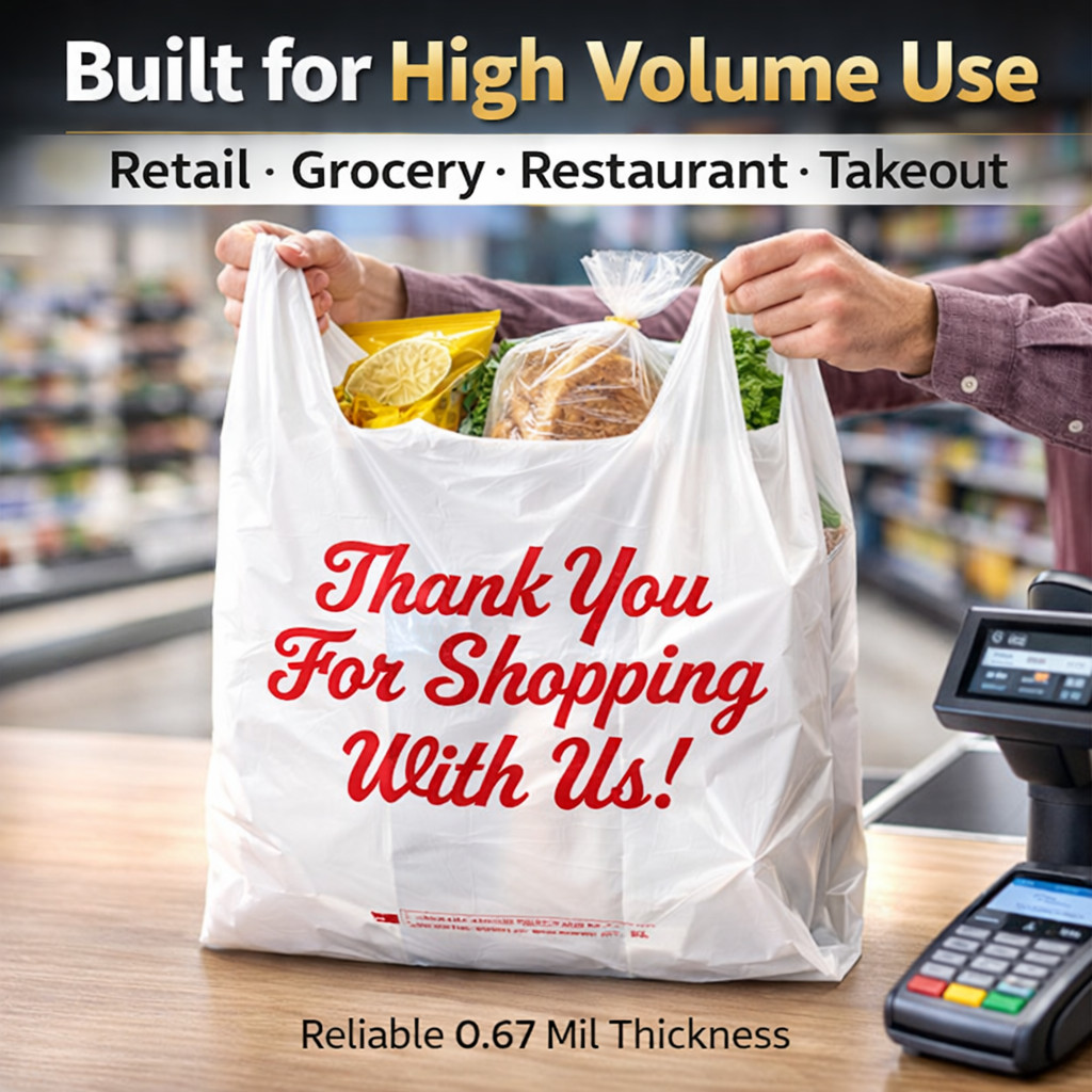 1/5 Large Thank You T-Shirt Plastic Bags 23x13x8 in 0.67 Mil Grocery Carryout