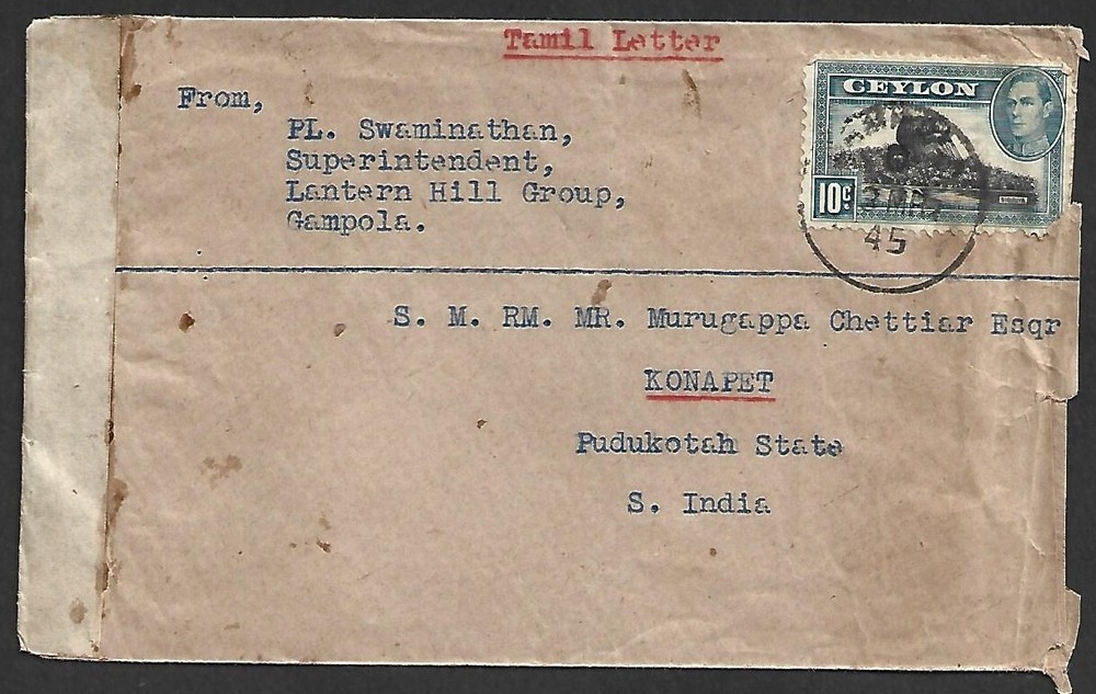 (BL) Ceylon 1945 KGVI 10 Censor Cover