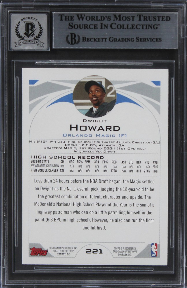 Magic Dwight Howard Authentic Signed 2004 Topps #221 Card BAS Slabbed