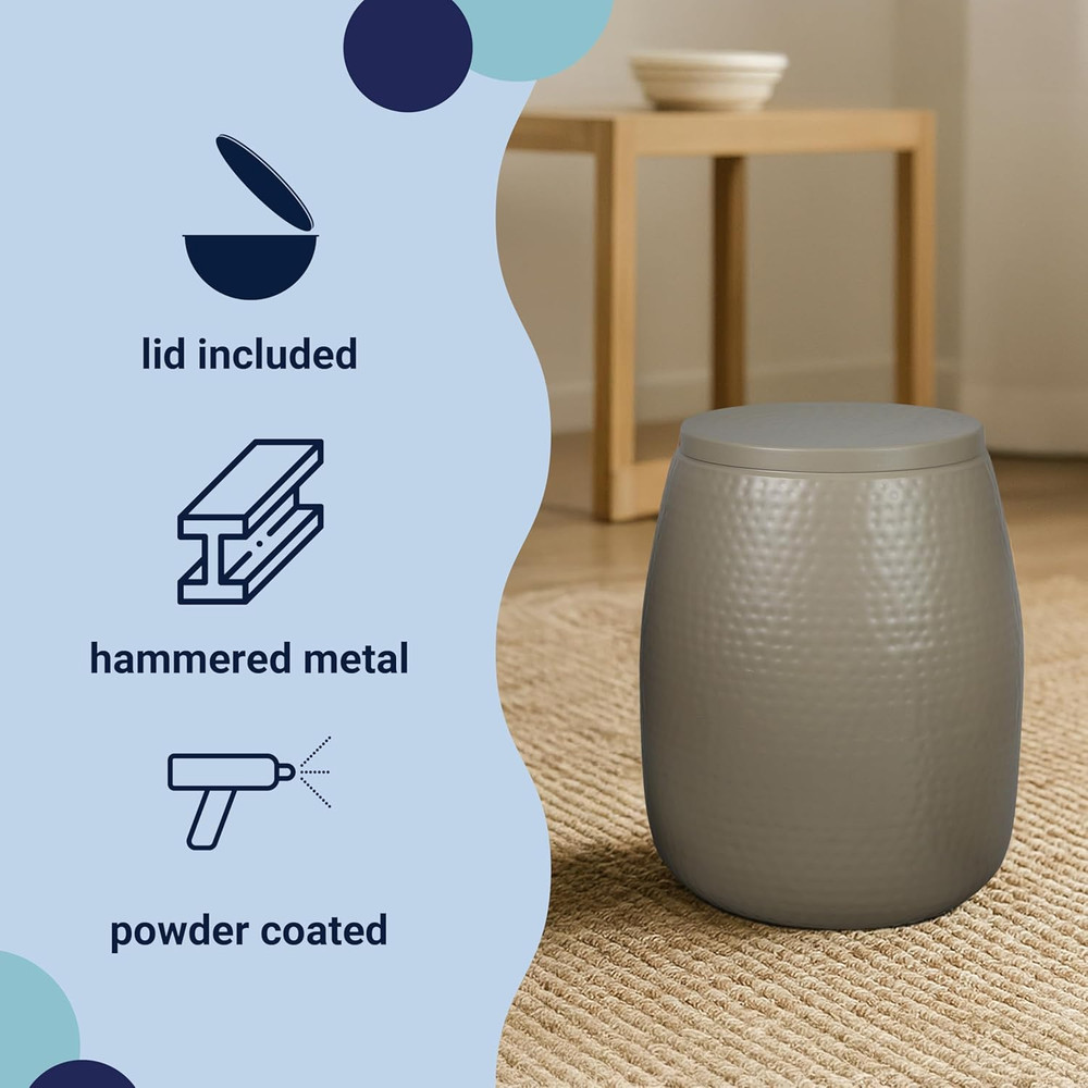 SSL2001D Merida 15" Modern Rustic Hammered Metal Drum Storage Side Table with Li