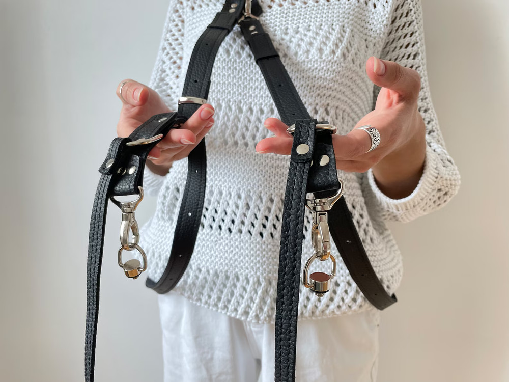 Vegan Leather Double Camera Harness with Silver Hardware