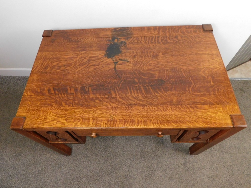 Antique 1920s Arts Crafts Mission Solid Oak Bookcase Desk Library Console Table
