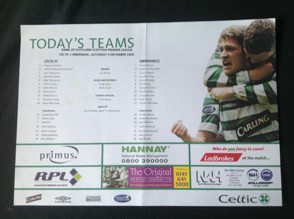 2004/5 Celtic v Hibernian December teamsheet