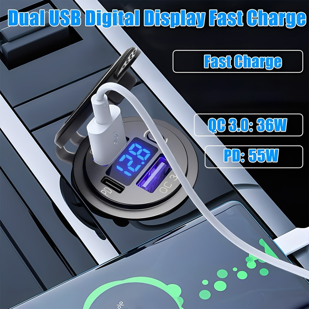 Dual USB Quick Charge 3.0 Port & PD USB C Car Charger Socket, 12V with Voltmeter