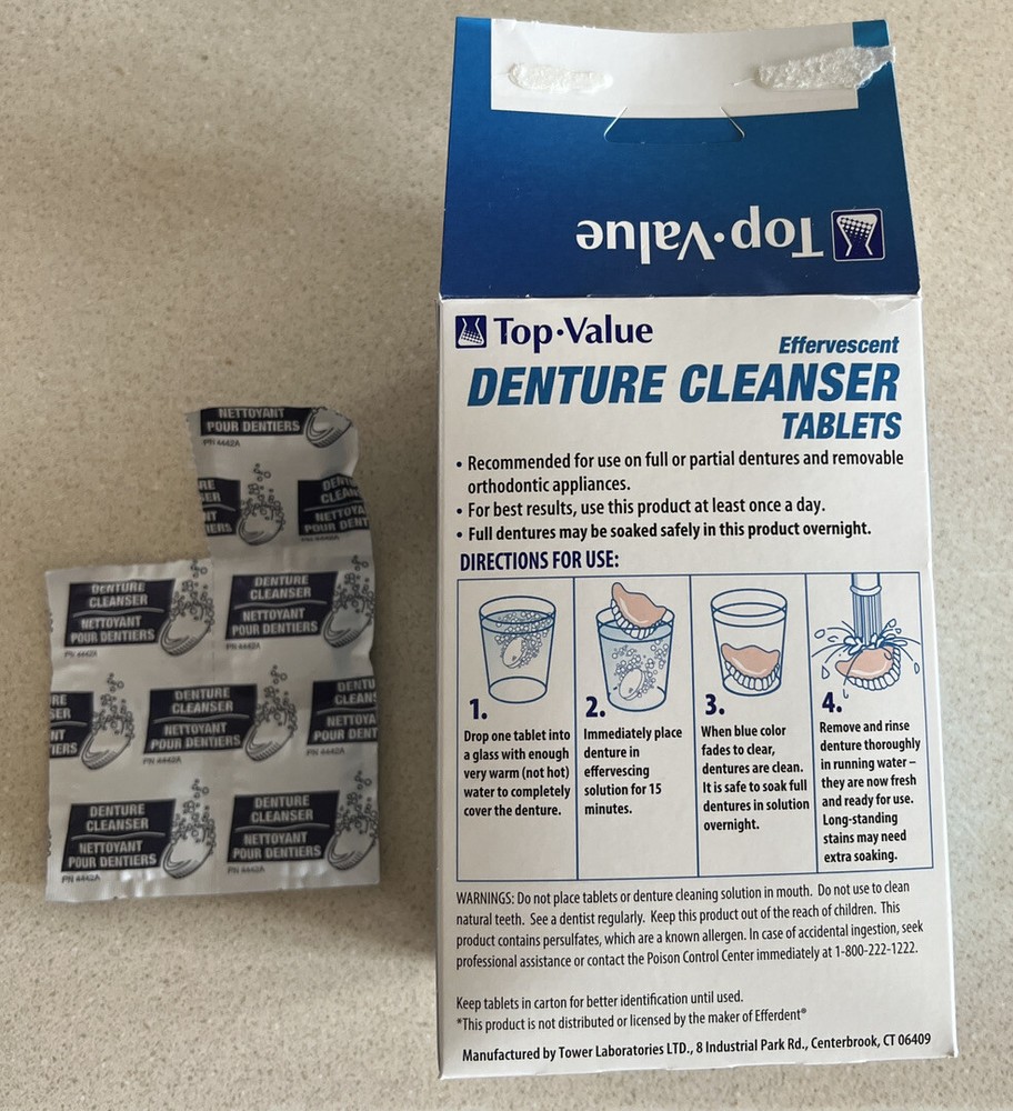 2 Boxes Top-Value Effervescent Denture Cleanser One Box Open One Caps Gone