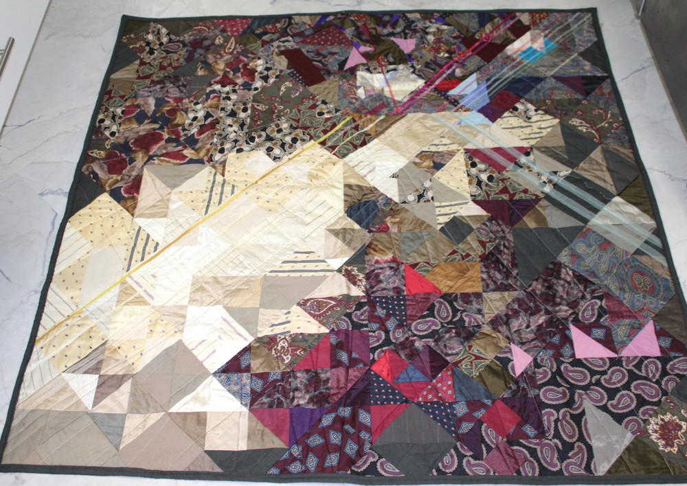 Handmade Silk tie & Wool Quilt 44" x 45"