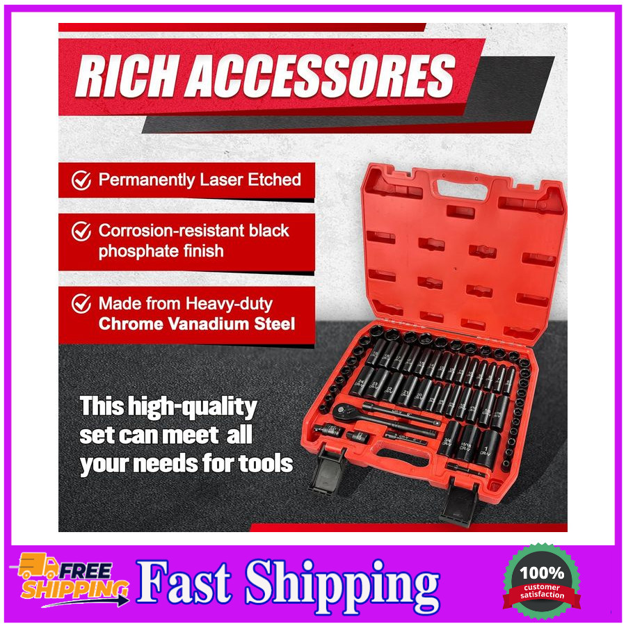 64Pcs 3/8" Socket Set,Drive Impact Socket Set, Sae/Metric, Deep & Shallow, Cr-V