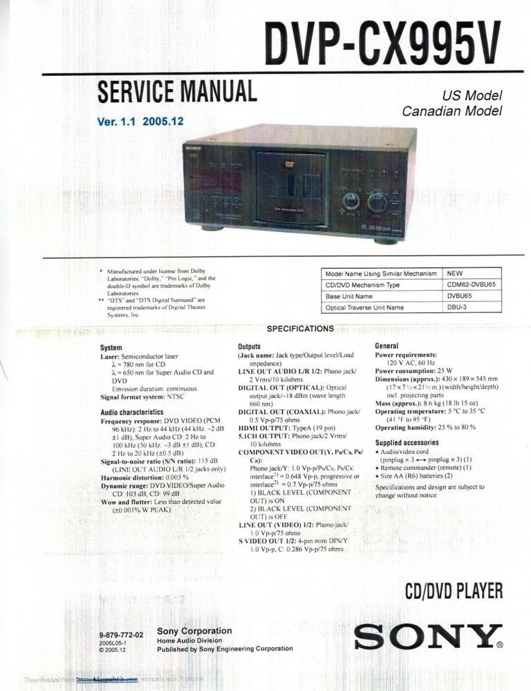 SONY DVP-CX995V CD/DVD Service & Operating Manuals  ( On CD)
