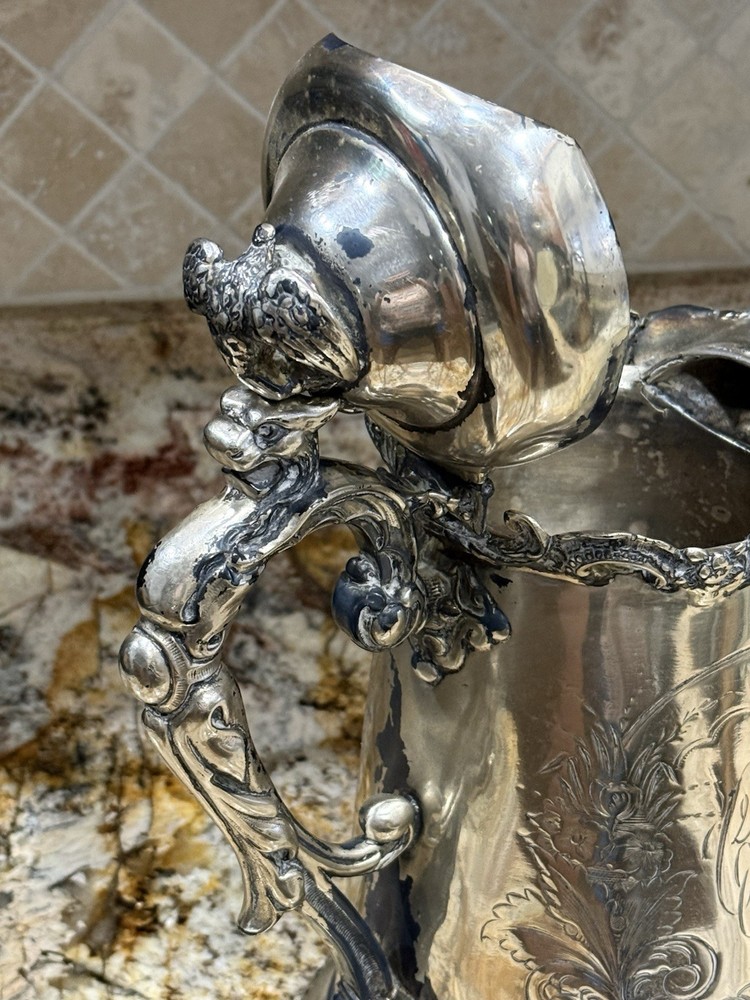 ⭐Antique Silver Plate Water Pitcher E Kaufman Eagle Animal Etched Details 12"