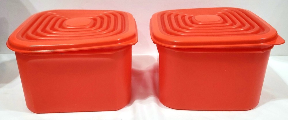 Tupperware 2 red-orange Modular Mate 11cup square Bowls & Stuffable Lids #1620