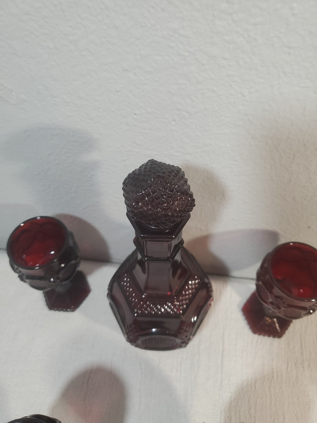 VTG Avon Decanter 4 Small Goblets 1876 Cape Cod Ruby Red Glass Victorian Gothic
