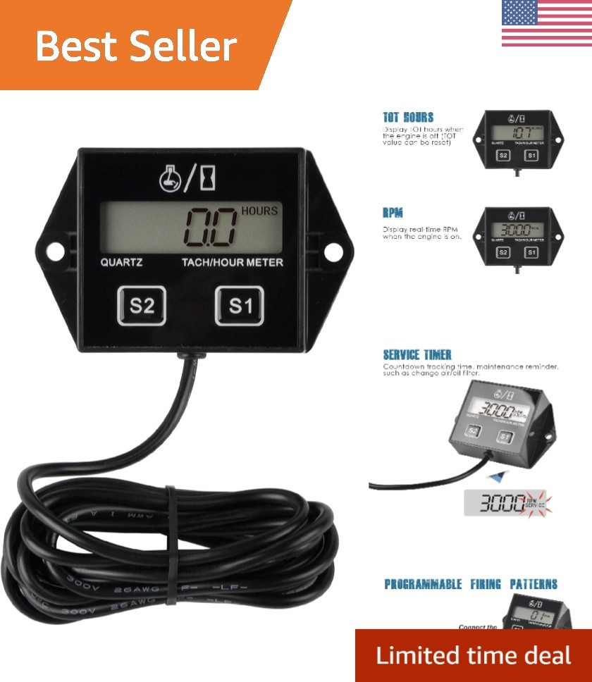 Digital Hour Meter Tachometer with Maintenance Reminder - Durable & Waterproof