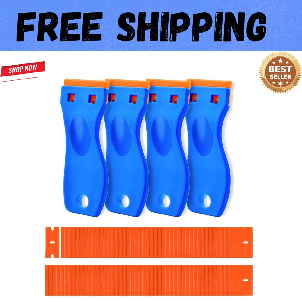 Plastic Razor Blade Scraper 4 Pcs and 120 Pcs Blades, Remove Label Decal Tool.