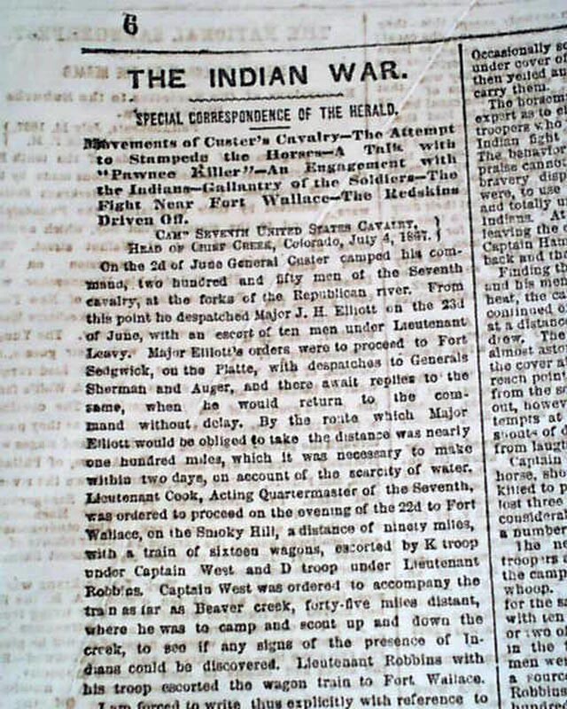 Kidder Fight Massacre w/ Gen. George Armstrong Custer in Kansas 1867 Newspaper