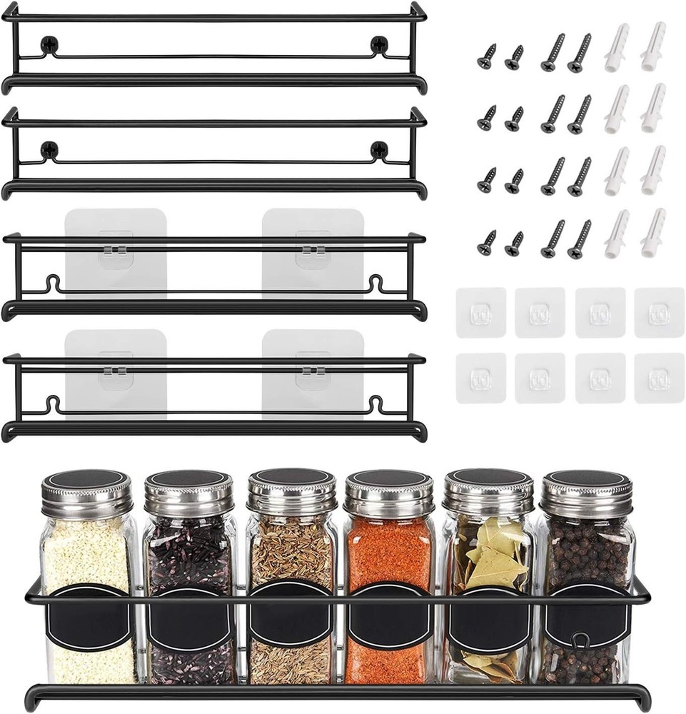 Space-Saving 4-Tier Spice Rack – Adjustable Wall Mount for Kitchen & Beyond