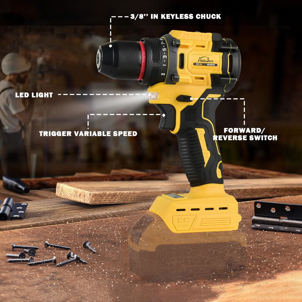 3/8" Cordless Drill Driver for Dewalt 20V Battery, Brushless Compact Drill Tool