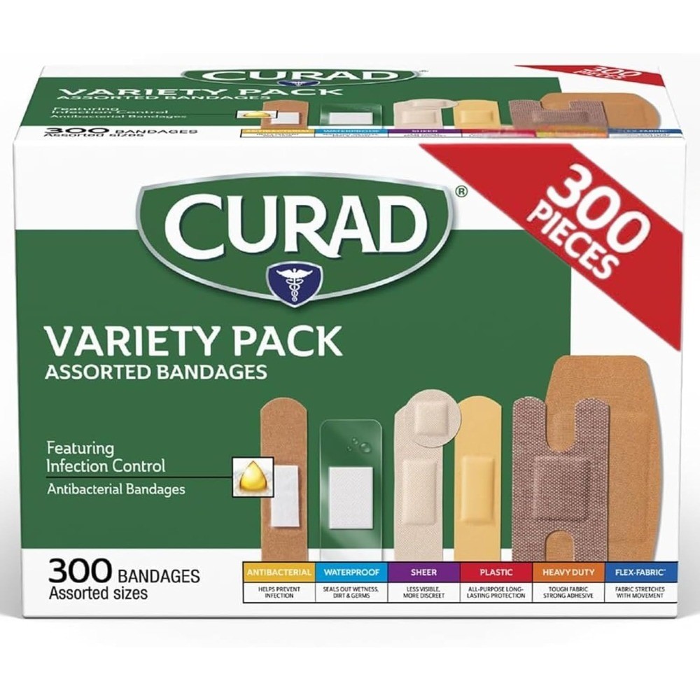 Assorted Bandages Variety Pack, 300 Count, 6 Styles Including Antibacterial,