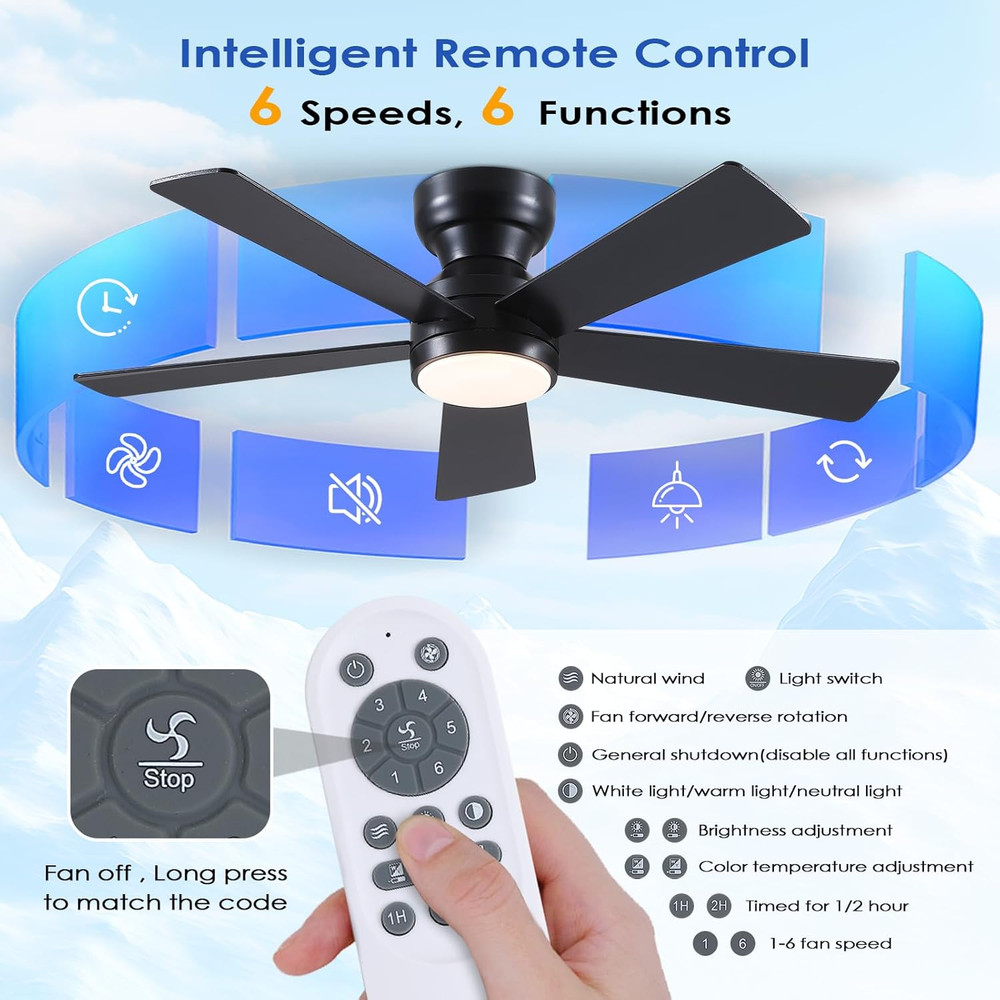 46 In Ceiling Fan with Light Remote Flush Mount 6 Speed Dimmable LED Black