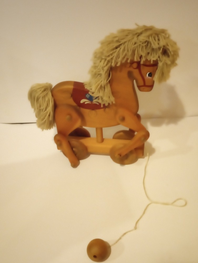 Vintage Large SOLID WOOD Horse PULL TOY Wheels & Moving Legs HANDCRAFTED & Paint