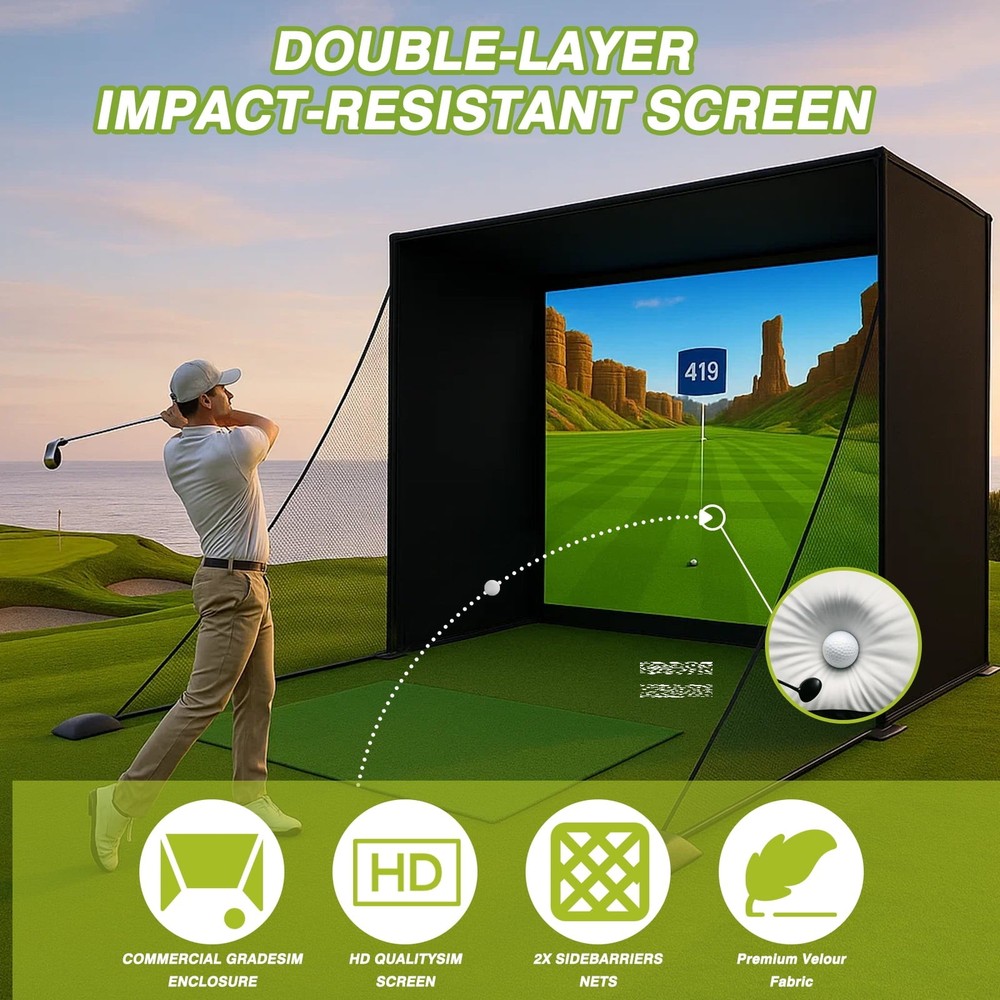 Golf Simulator Enclosure 10 x 8ft Impact Screen Golf Simulator Cage Practice Net