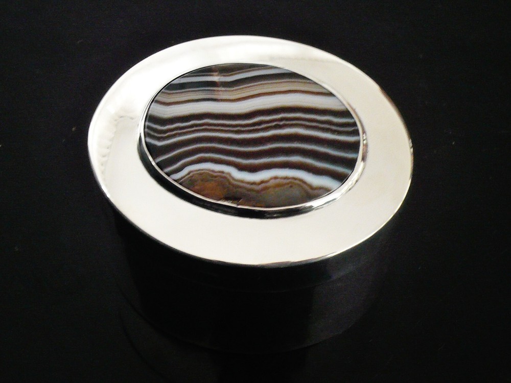 Sterling Silver Box , Large Agate Set Lid, Thomas Ducrow, Birmingham 1903