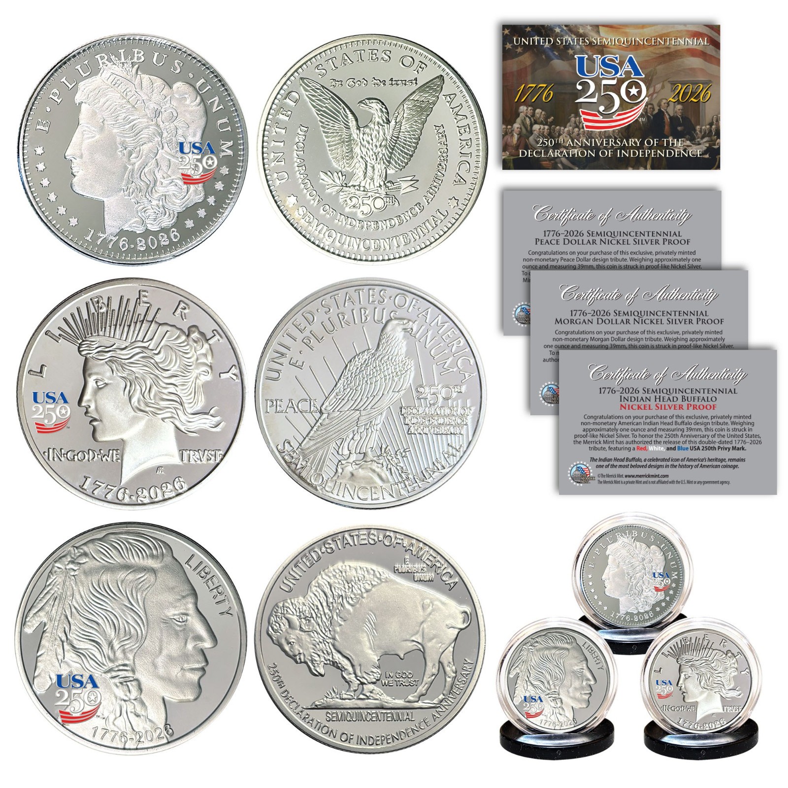 USA 250 PRIVY America 2026 MORGAN + PEACE + BUFFALO 1OZ Nickel-Silver 3-Coin SET