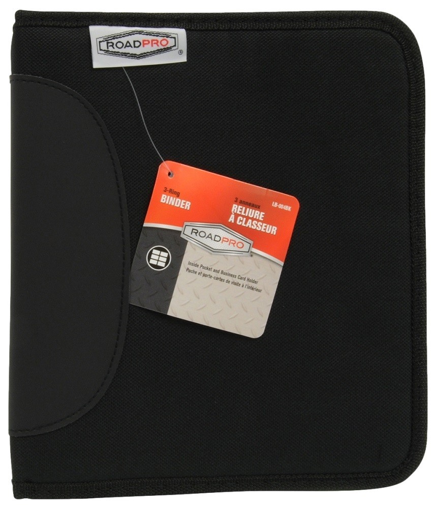 RoadPro LB‑004BK 3‑Ring Zippered Log Book Binder Black Organizer with Pockets
