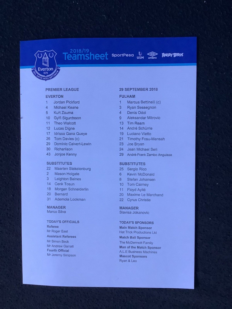 2018/19 Everton v Fulham teamsheet