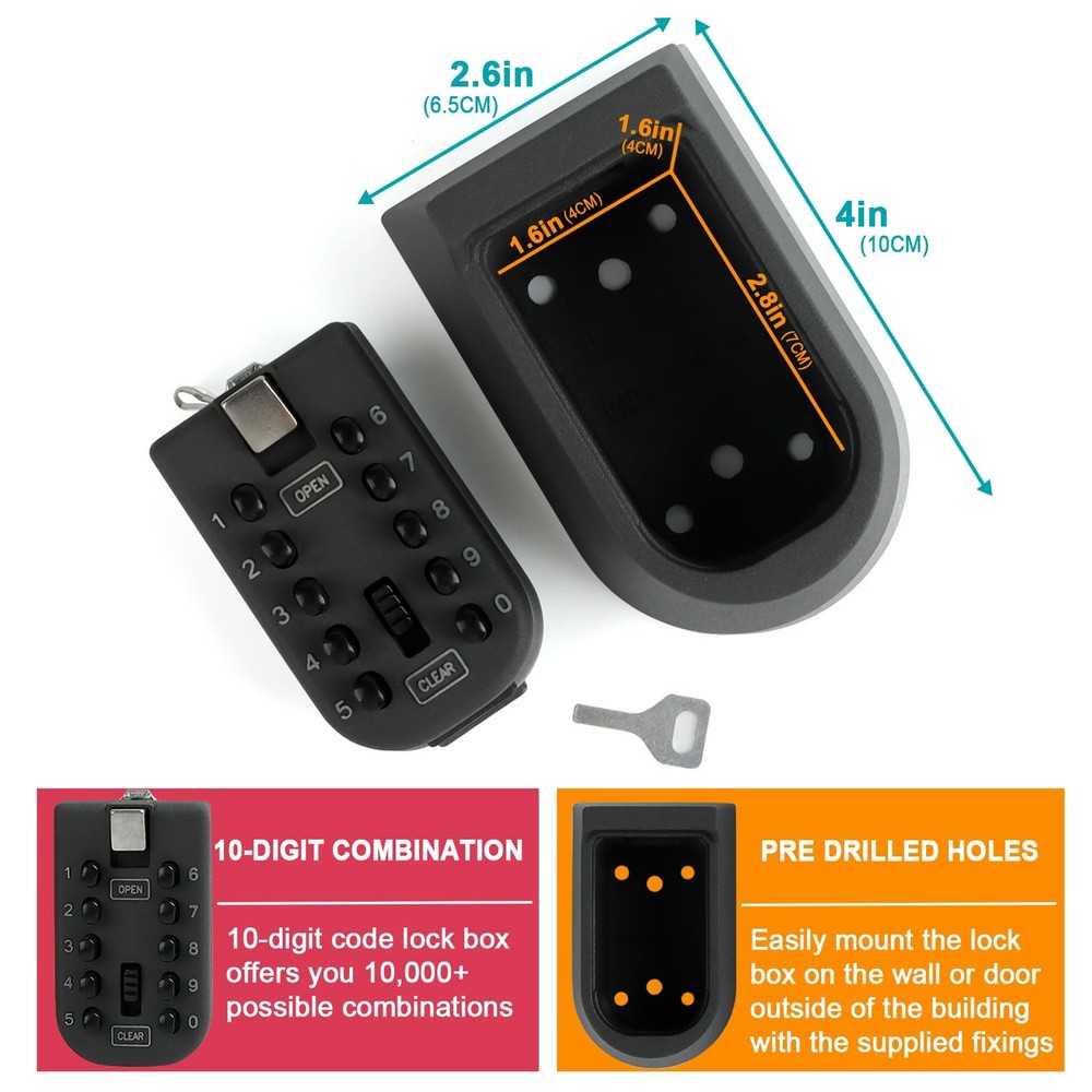 Key Lock Box for Outside, Wall Mount Combination Lockbox Outdoor Lock Box for...