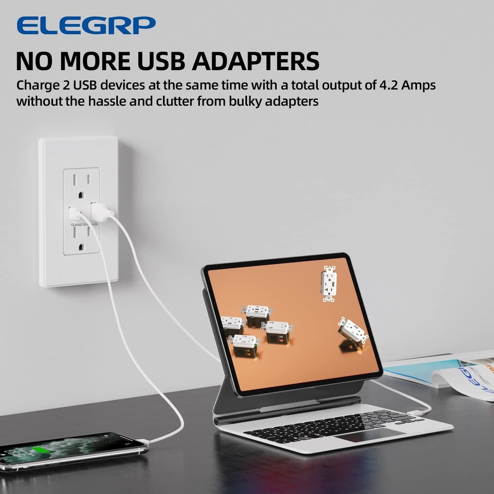 Matte White USB Outlets, 15A USB Wall Receptacles 6 Pack
