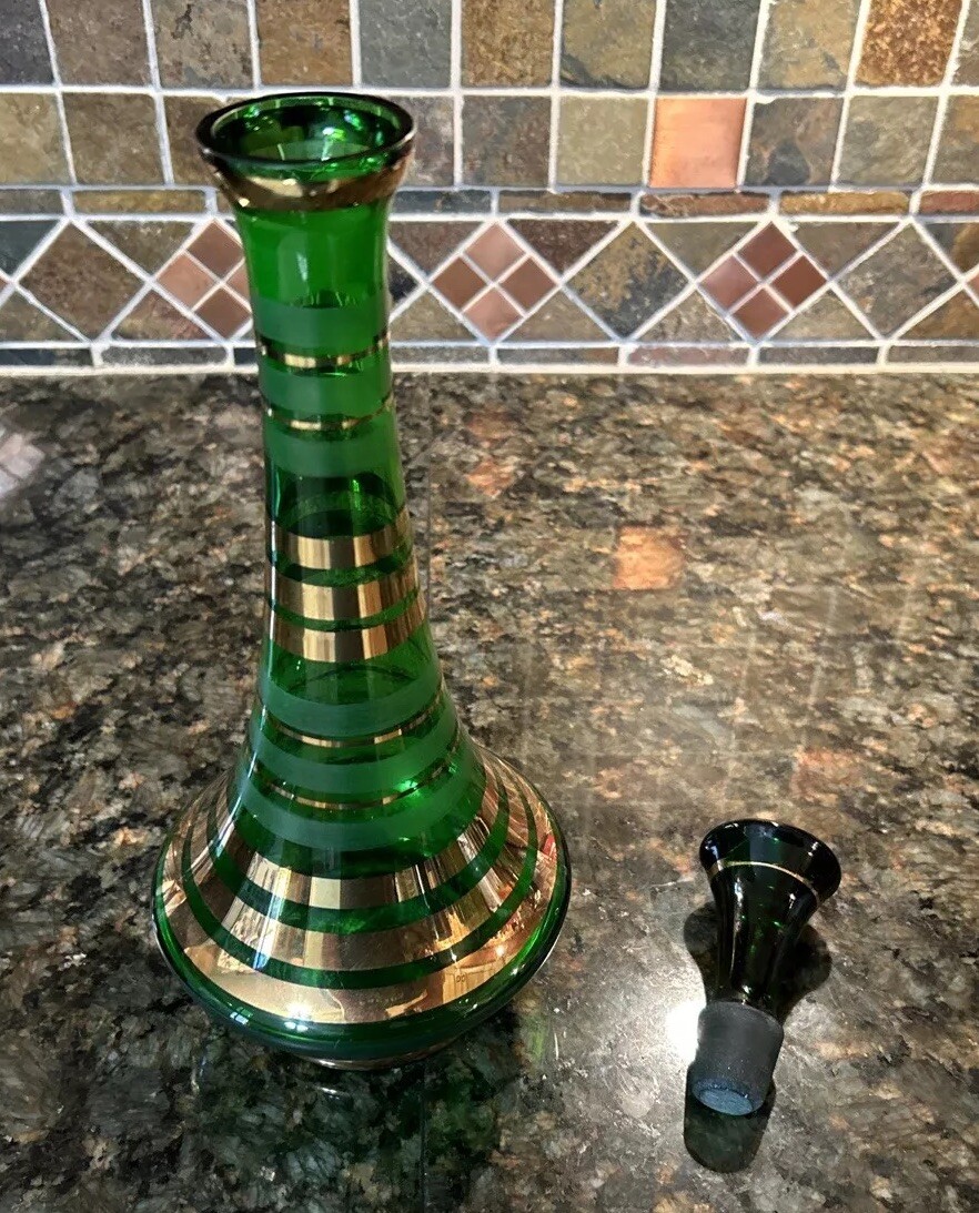 Borske Sklo Gold Banded Green Glass Decanter Mid Century Genie Jeannie Bottle