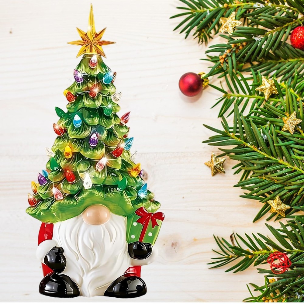 Lighted Christmas Gnome Tree, 8 Inch Faceless Old Man Ceramic Decor with Mult...