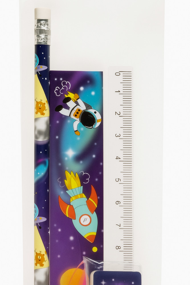 5pc Space Stationery Set | Rocket & Planet Theme Pencil, Ruler, Eraser, Pad