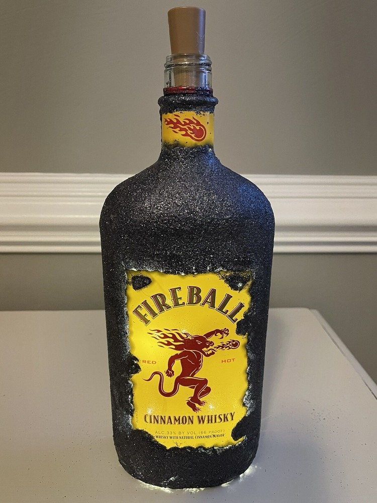 Large Empty Black Glitter Fireball Liquor Bottle, White Lights
