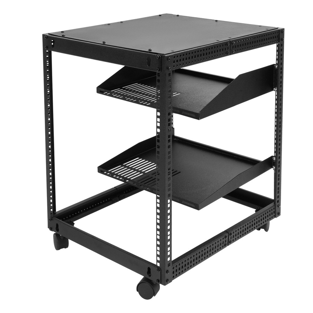 Black 12U Open Frame Network Rack Wall Mounted Server Rack 4 Post with Shelves