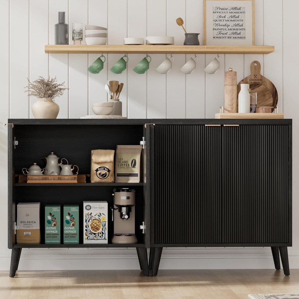 Buffet Cabinet with Storage, Modern Fluted Accent Sideboard with Doors & Adjusta