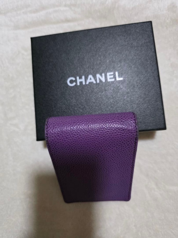 CHANEL Purple Violet Cigarette Case Leather Coco Mark Snap Button Used
