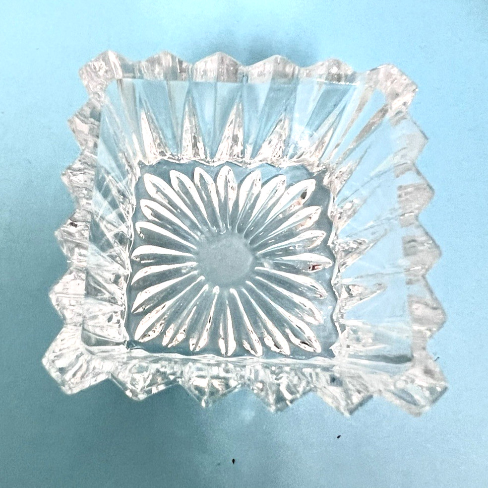 Vintage Crystal Pattern Glass Square Open Salt Cellar Dip 1" Tall