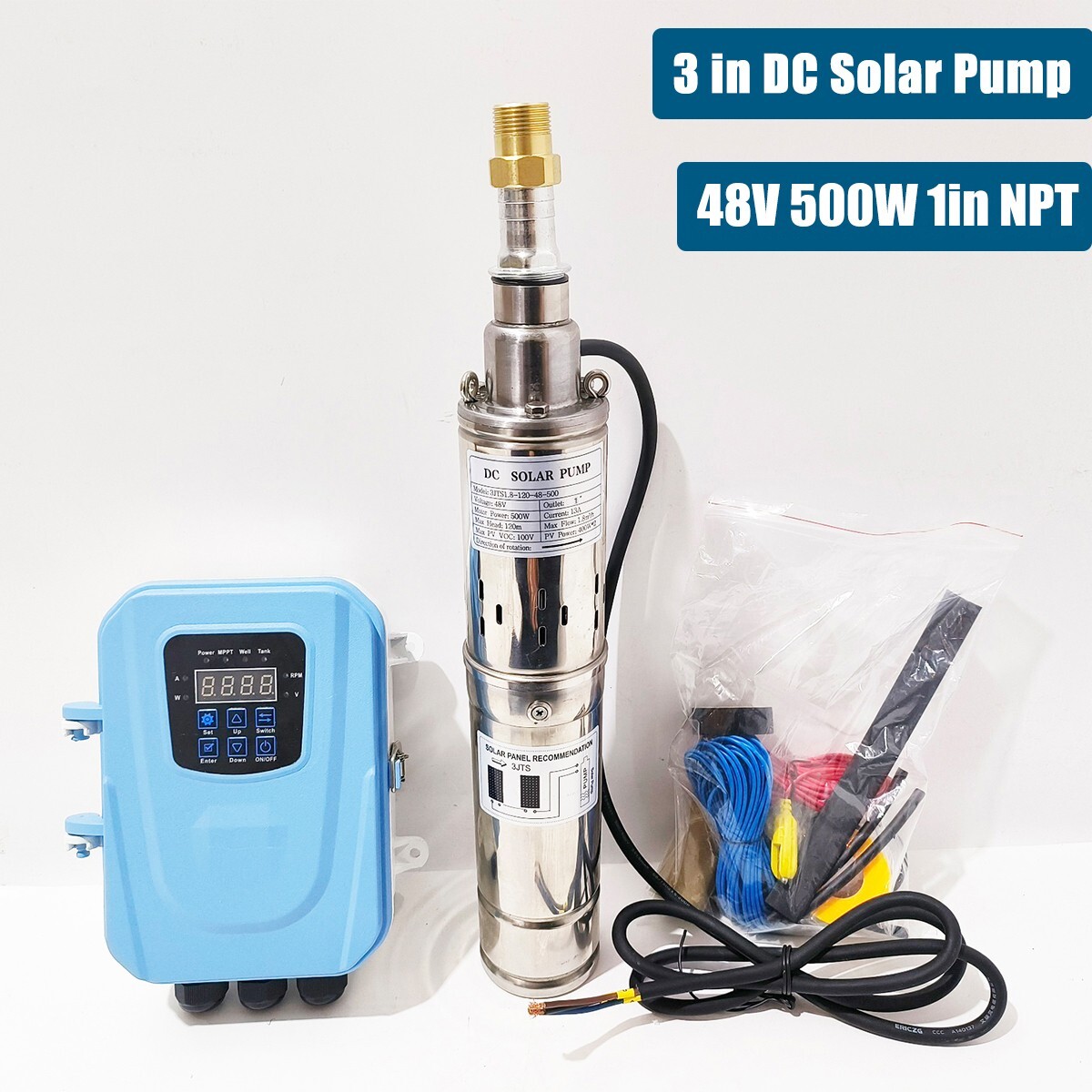 3" Solar Pump Submersible Pump Bore DC 48V 500W Deep Well Pump + MPPT Controller