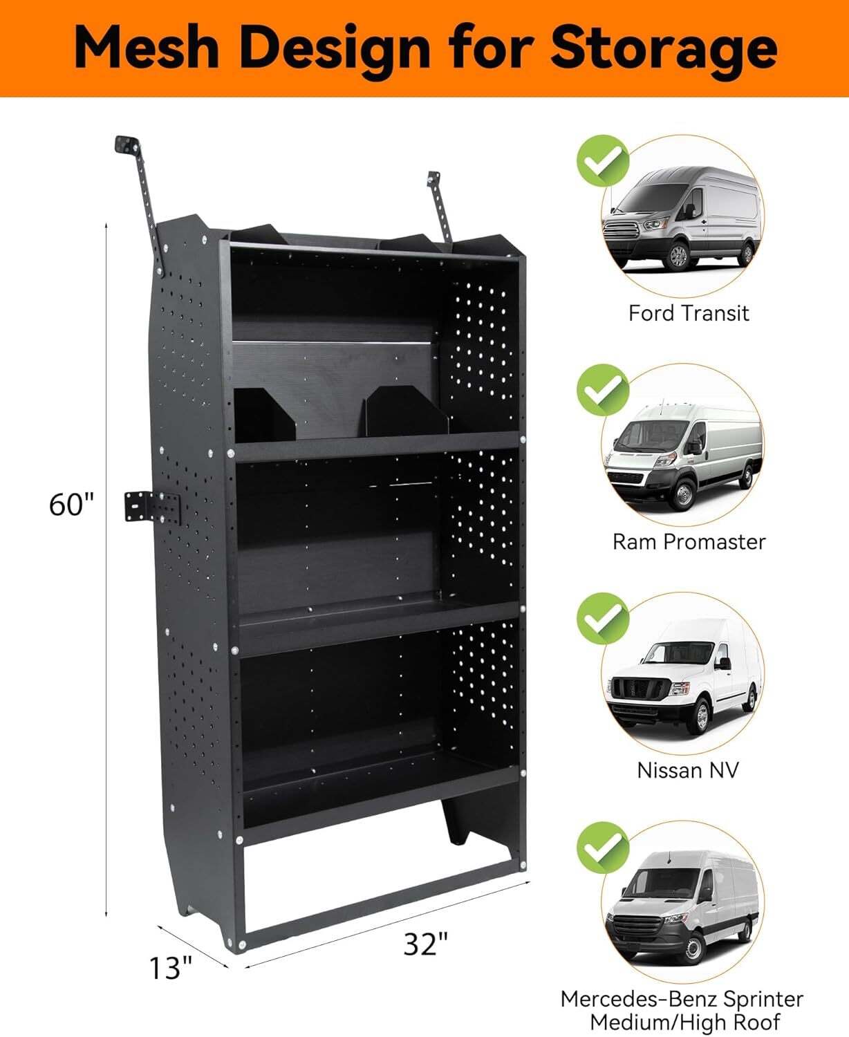 Mid/High Roof Steel Van Shelving 32''W x 60''H x 13''D Fit Ford Transit,GM, NV