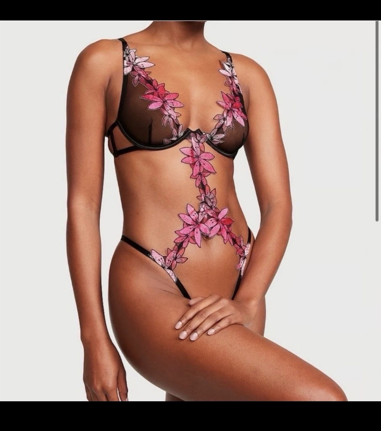 Victoria Secret Lingerie Teddy One Piece Bodysuit Black Pink Ziggy Glam Floral