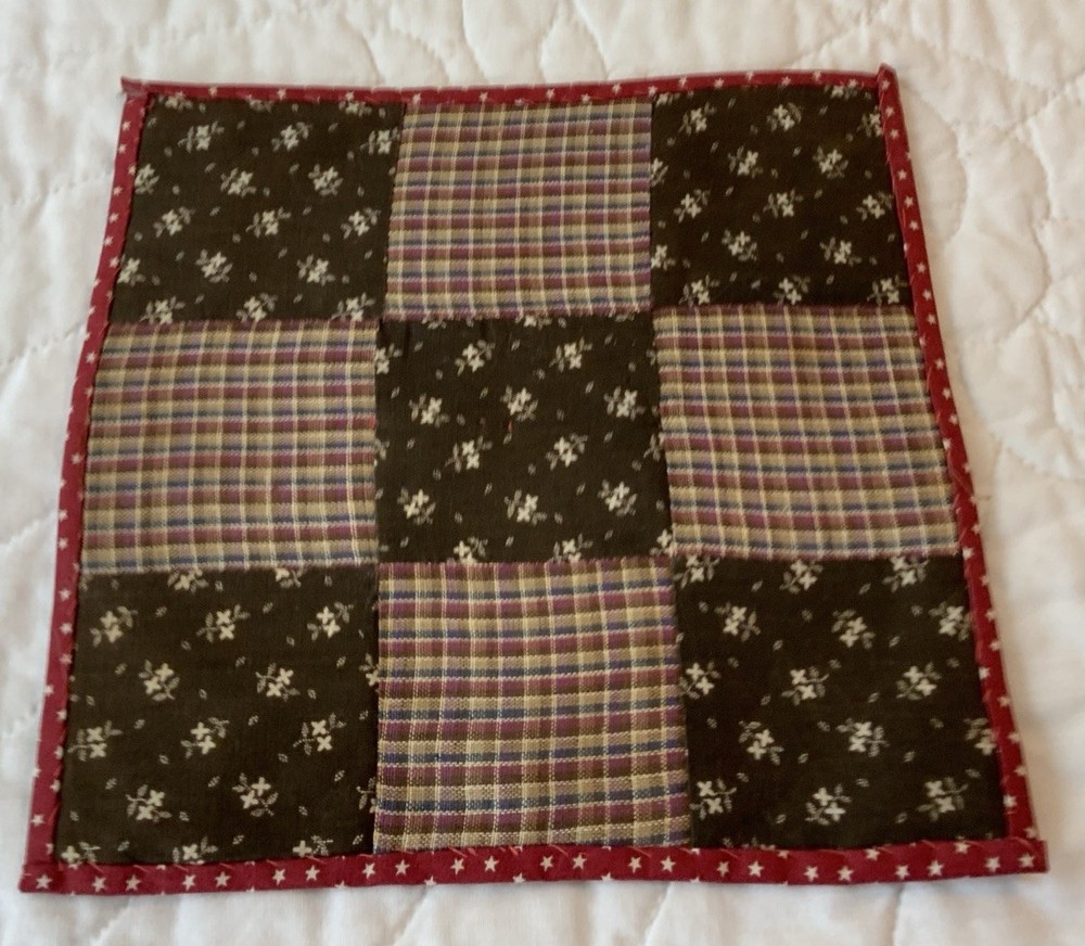 Antique Patchwork Quilt Table Topper, Nine Patch, Brown Florals, Checks