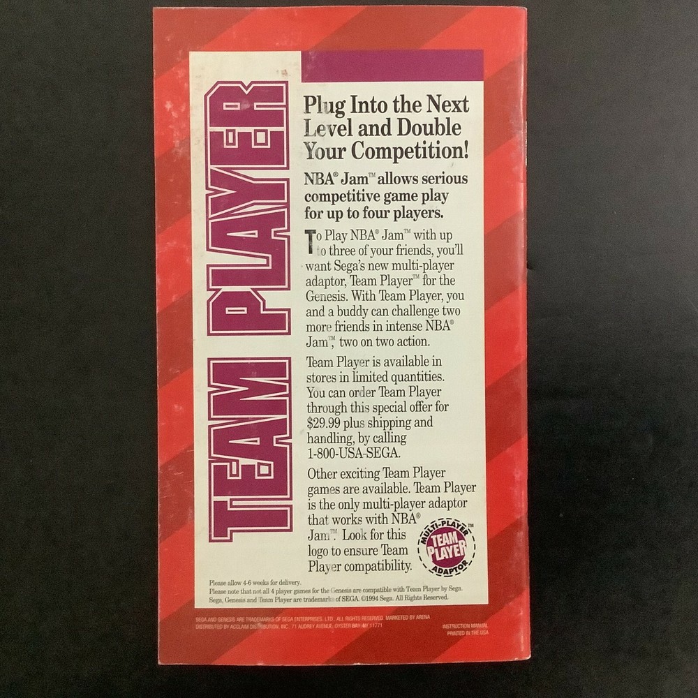 NBA JAM SEGA Genesis Instruction Manual Only - Good Shape